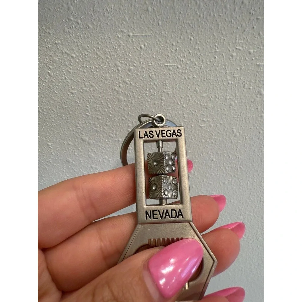 Las Vegas Nevada Spinning Rhinestone Dice Bottle Opener Keychain Silver Tone